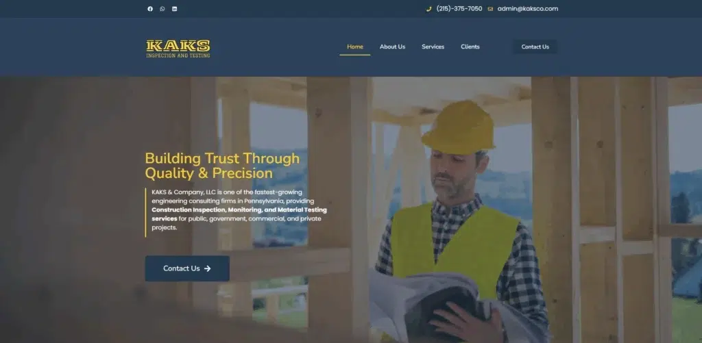 KAKS Inspection and Testing homepage showcasing construction monitoring and material testing services for engineering projects in Pennsylvania.