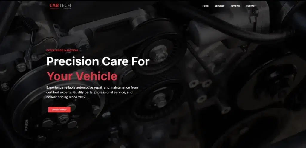 Close-up of a high-performance car engine with belts and pulleys, featuring text overlay "Precision Care For Your Vehicle" for CABTECH Corporation automotive services.