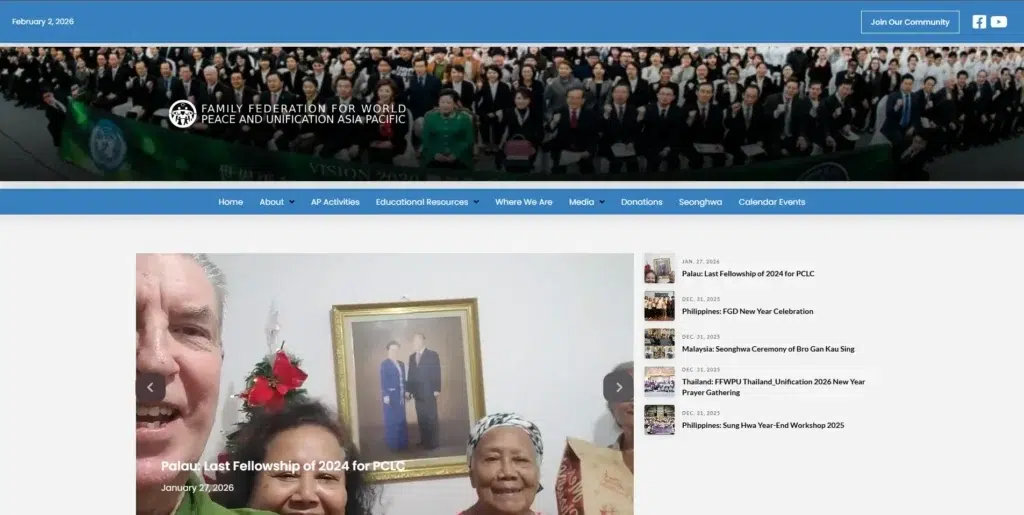 Family Federation for World Peace and Unification Asia Pacific homepage showing a large group photo of members and recent community activity updates.