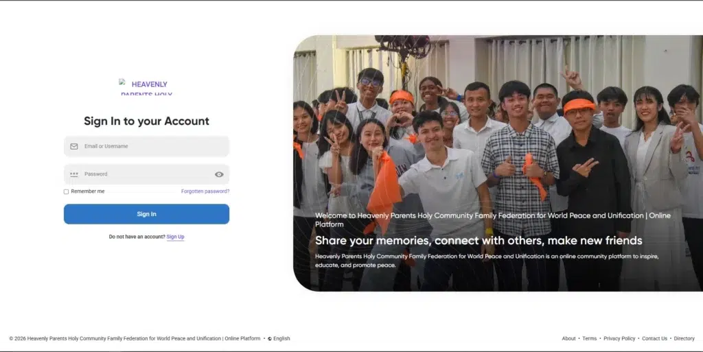 Sign-in page for Heavenly Parents Holy Community featuring a group of smiling young people and a login form for the Family Federation for World Peace and Unification platform.