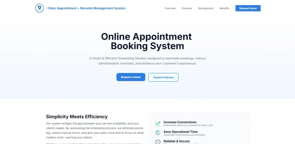 Website interface for a Clinic Appointment and Records Management System highlighting automated scheduling solutions to reduce administrative overhead.