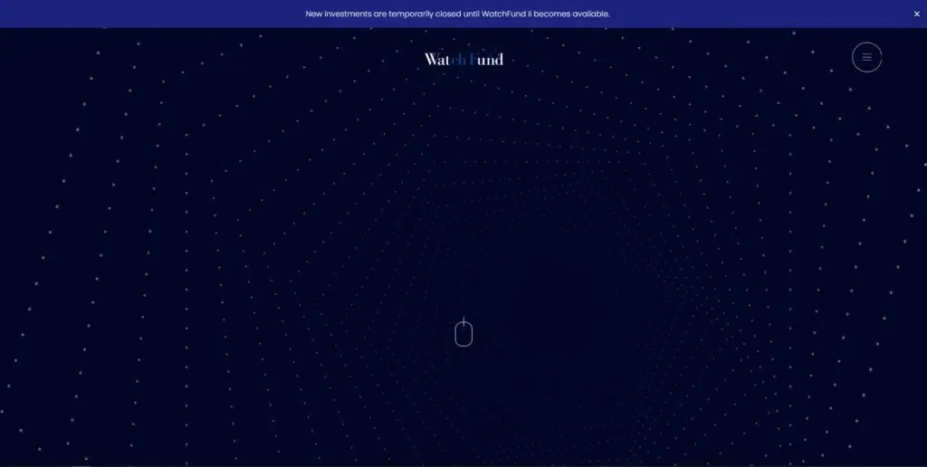 Minimalist dark blue landing page for WatchFund featuring a geometric dotted pattern and a notification regarding temporary closure for new investments.