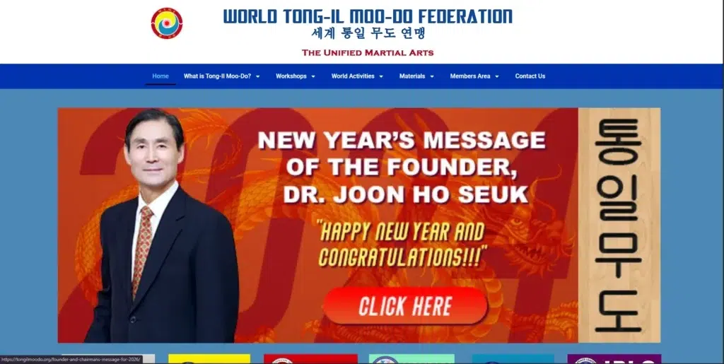 Homepage of the World Tong-Il Moo-Do Federation featuring founder Dr. Joon Ho Seuk and a "New Year's Message" announcement with a red dragon background.